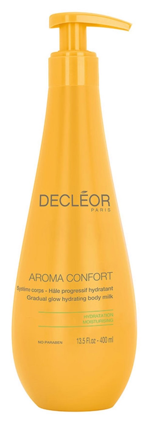 En gul flaska med pump, märkt Decléor Aroma Confort, innehåller fuktgivande kroppsmjölk.