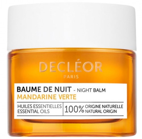 Ein kleiner orangefarbener Behälter mit weißem Deckel, gekennzeichnet 'Night Balm Mandarin Verte' von Decléor, aus ätherischen Ölen.