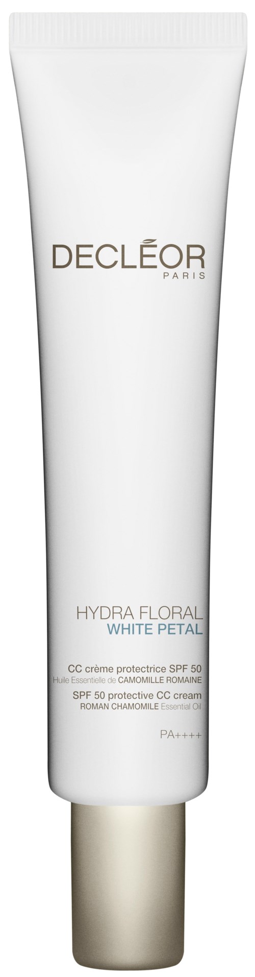 En hvit tube med gull- og svart tekst, merket 'DECLEOR,' som indikerer hudpleieprodukt med SPF-beskyttelse. Eksklusiv design.