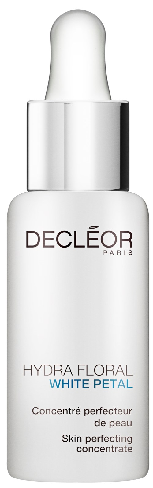Et hvidt hudplejeprodukt med dryp, mærket Hydra Floral White Petal af DECLÉOR Paris.
