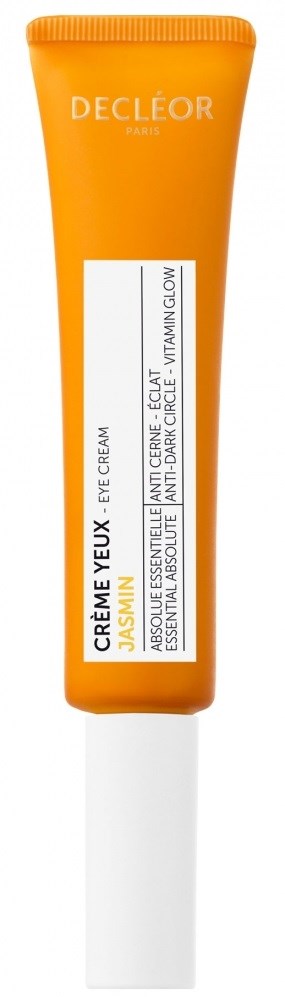 En orange tub med vit plastlock, märkt Decléor, innehåller ögonkräm med vitaminljus och nämner sylt och glöd.