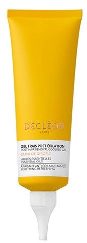 En gul tube med Decleor hårfjerningsgel med hvid låg. Den er mærket til efter-epilationspleje, beroligende og forfriskende.