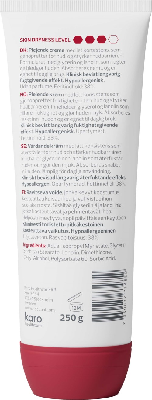 En hvit tube med rosa lokk viser tekst om tørr hud, ingredienser og bruksanvisning på flere språk.