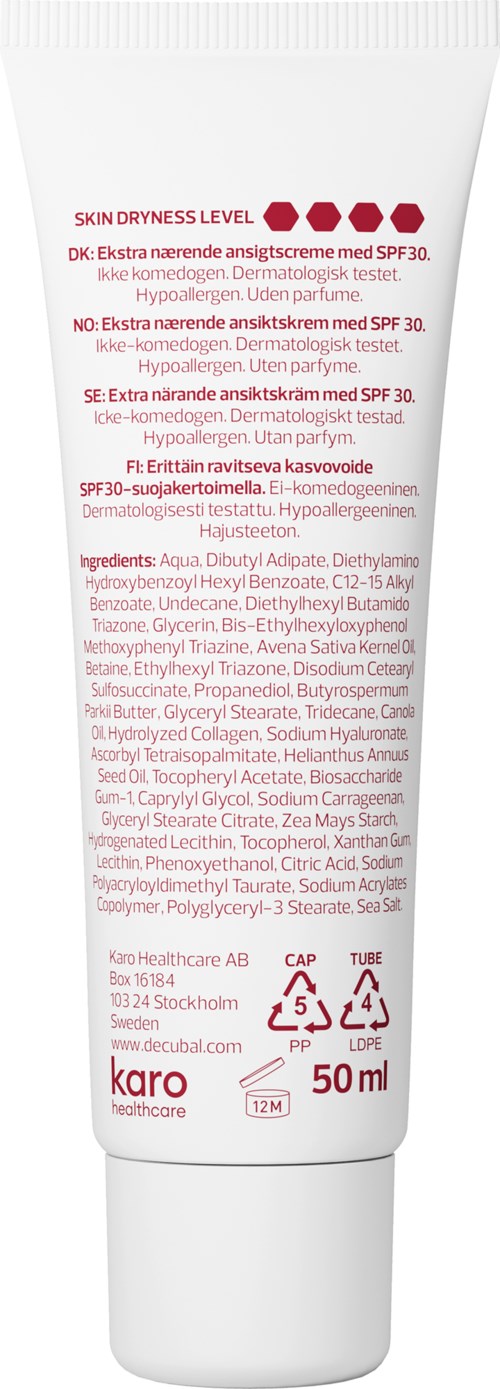 En hvit tube med ansiktskrem merket med SPF 30 og ingredienser som vann, glyserin og konserveringsmidler. Vekt 50 ml.