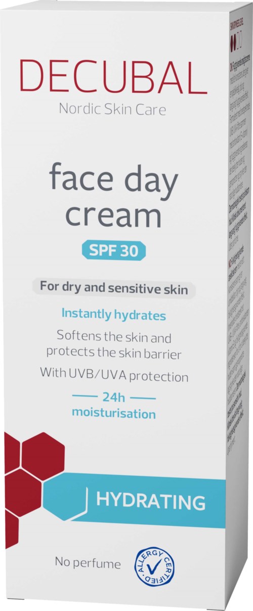 En hvit boks med røde og blå detaljer, som viser en ansiktskrem med SPF 30 for tørr hud, kalt Decubal.