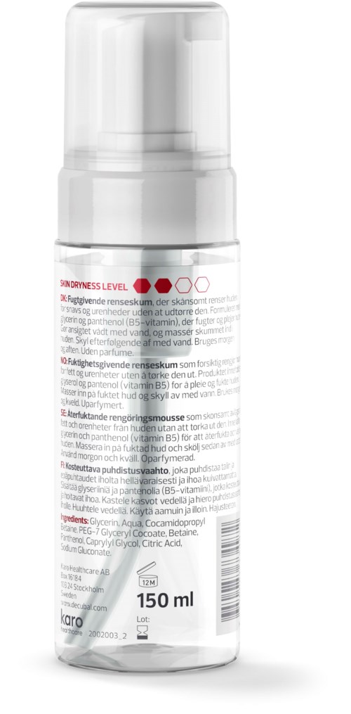En hvit sprayflaske med pumpe, merket med rød og svart tekst, inneholder 150 ml væske.