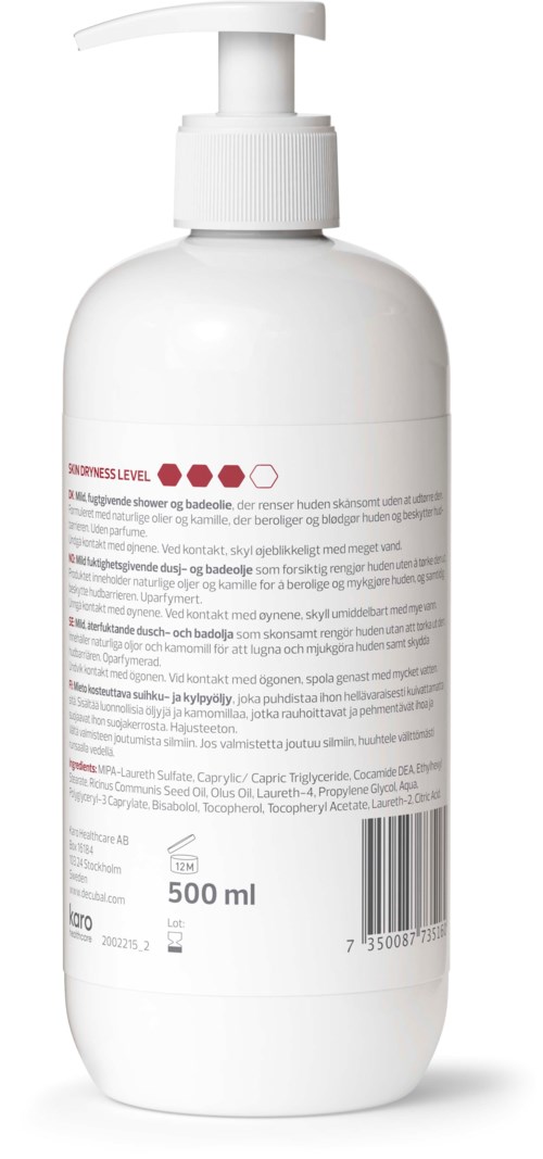 A white bottle with a pump top, labeled with red and black text, contains 500 ml. It's likely a soap or lotion.