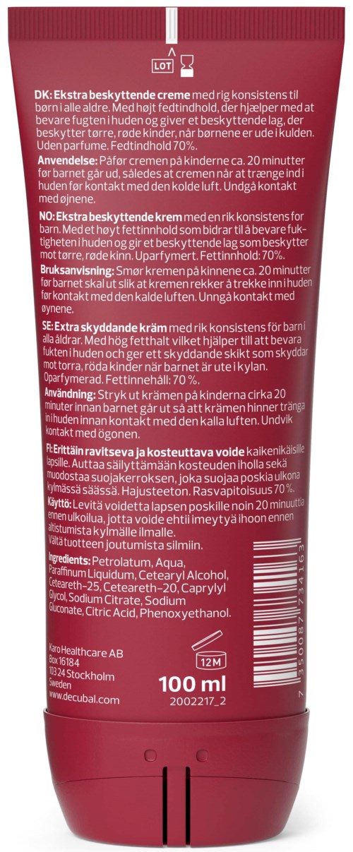 Rød tube med hvid og sort tekst, indeholder cremen mærket som ekstra beskyttelse, med en kapacitet på 100 ml.
