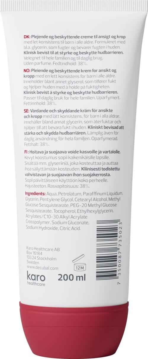 En 200 ml tube med hudpleie med tekst på flere språk, merket 'karo', og en rød kapsel.