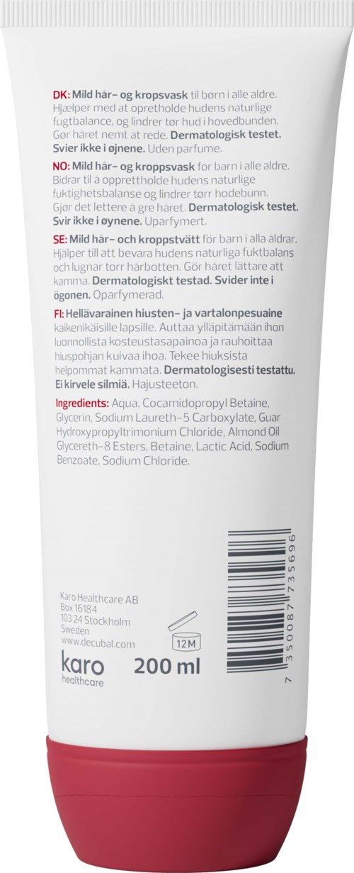 En hvit tube med rosa og svart tekst, strekkode og rød hette. Inneholder produktdetaljer og ingredienser.
