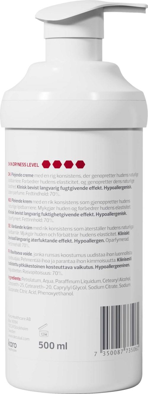 En hvit flaske med pumpe, inneholder hudpleie eller håndsåpe, med tekst og strekkode.