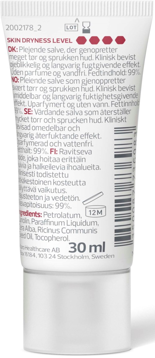 En hvit tube med hudkrem med rød og svart tekst, som viser ingredienser og bruksanvisning.