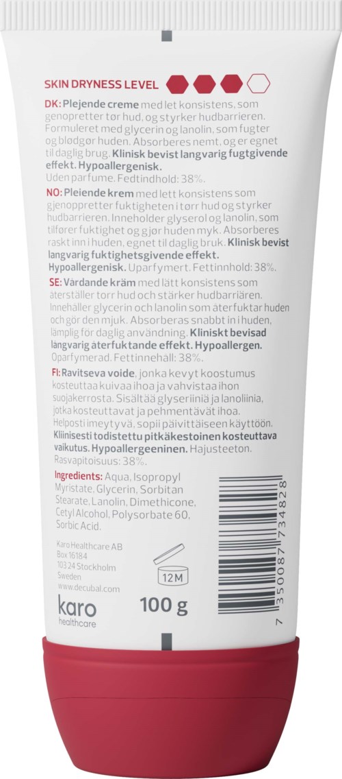Et hudpleieproduktrør med rød lokk, hvit kropp og tekst på flere språk som beskriver ingredienser og bruk.