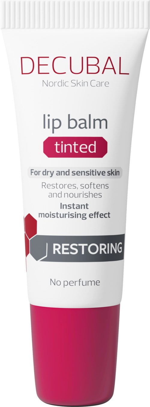 En hvit og rosa tube med leppepomade for tørr og sensitiv hud, med teksten 'DECUBAL', 'Restoring' og 'Tinted'.