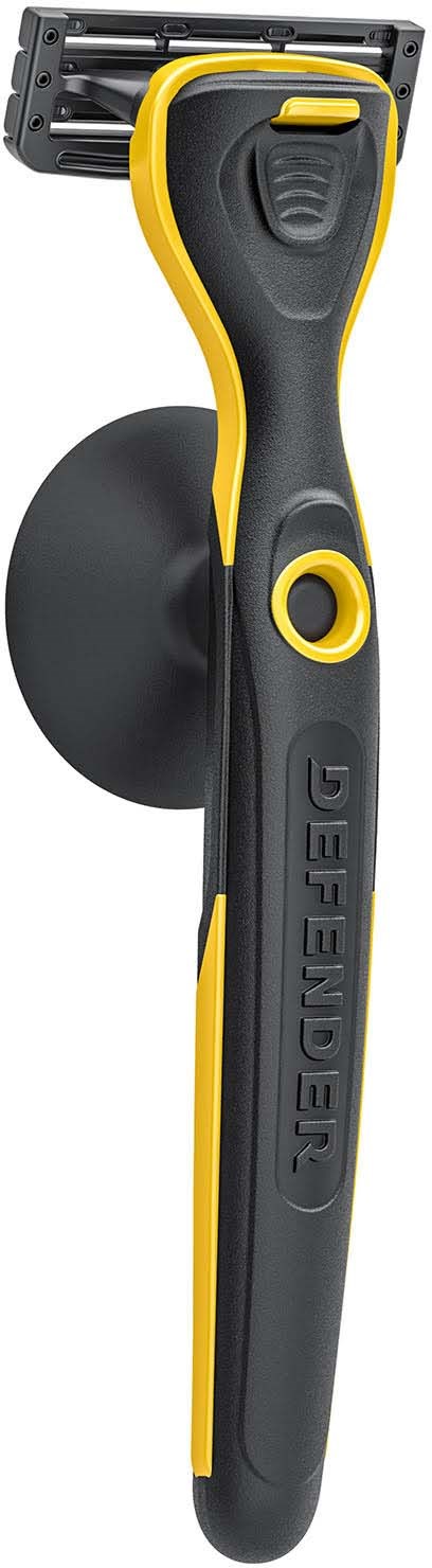 A black and yellow razor with a ergonomic handle, a barber's head shape, and a disposable blade guard.