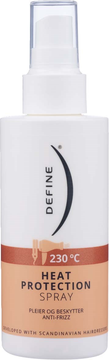A white spray bottle with a clear cap, labeled as heat protection spray for hair, designed to prevent frizz.