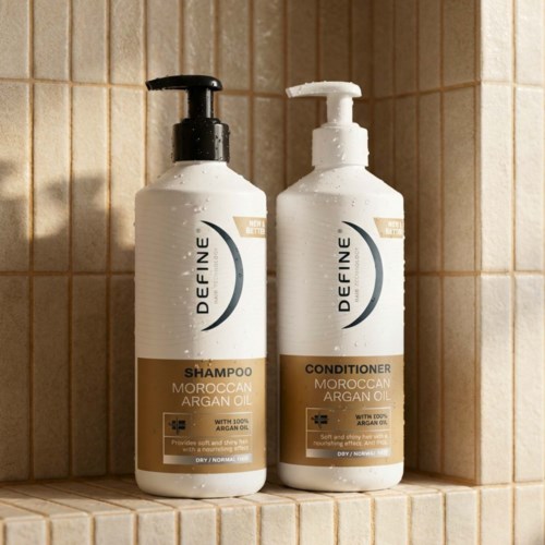 Two bottles of shampoo and conditioner with Moroccan argan oil stand on a tiled bathroom wall.