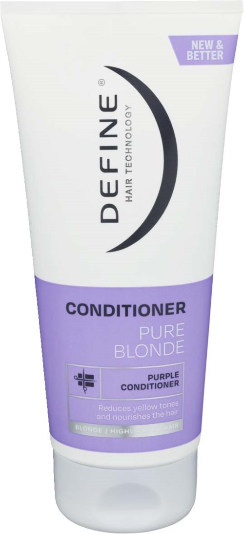 Hvit og lilla tube med balsam for blondt hår, reduserer gule toner og nærer håret.