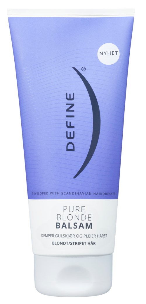 A blue and white tube of hair balm labeled 'Pure Blonde Balsam' for blond or striped hair, with Scandinavian hair care theme.