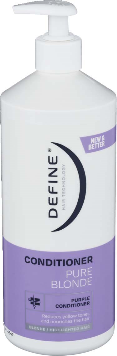 En hvit og lilla flaske med blondeshampoo med pumpe, merket som Definition Pure Blonde.