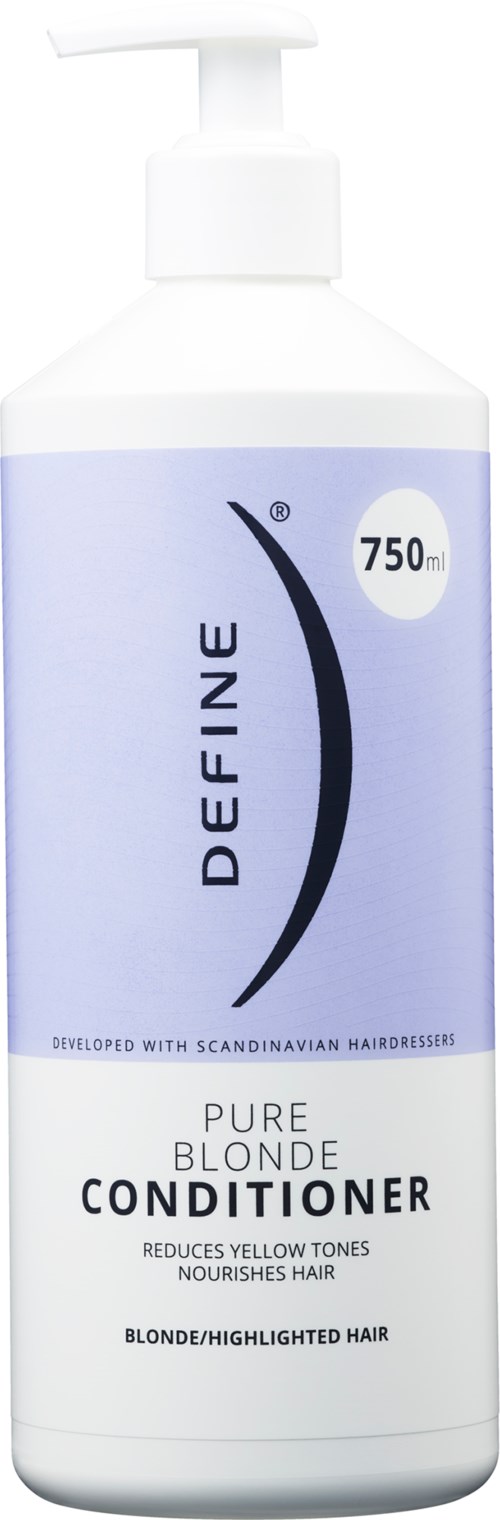 A white bottle of Define Pure Blonde Conditioner, designed for blond or highlighted hair, with a pump and blue label.