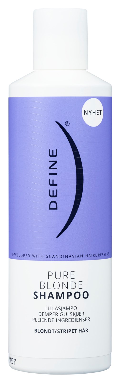 A white bottle with a blue label that says 'Pure Blonde Shampoo' and has a white cap.