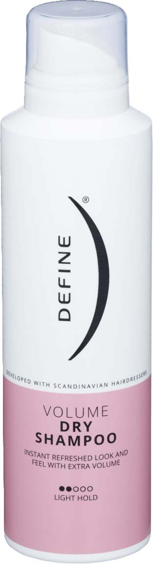 A white and pink bottle labeled Define Volume Dry Shampoo, designed to add volume and texture to hair.