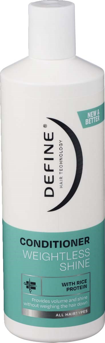 White bottle of Defne weightless shine conditioner with rice protein for all hair types.