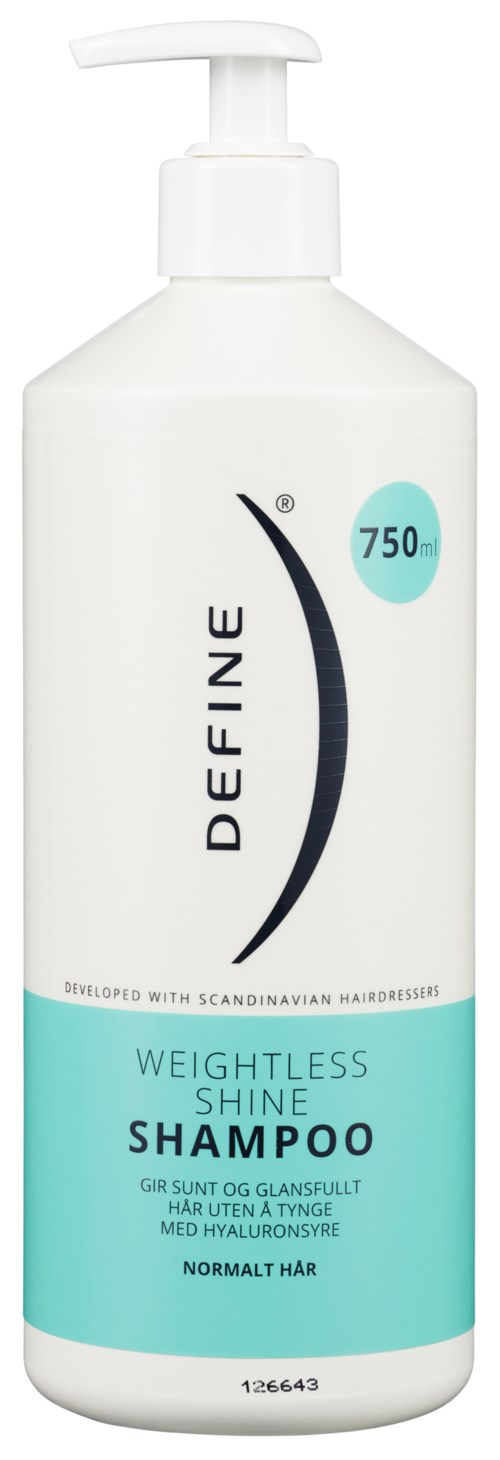 Valkoinen pullo pumppulla, merkintä 'Define Weightless Shine Shampoo,' sinisillä korostuksilla ja tekstillä hiuksesta ja kiillosta.