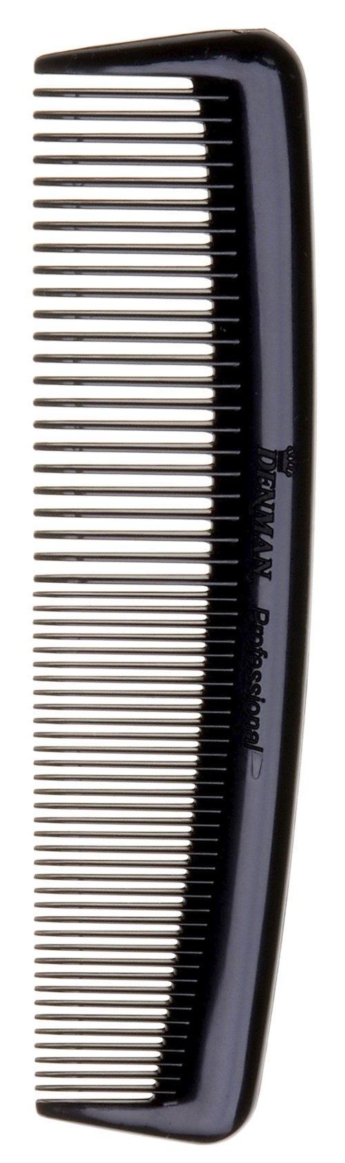 A black wide-tooth hair comb with fine, evenly spaced teeth.