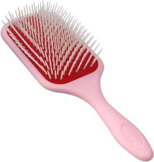 Een roze haarborstel met veel witte borstels, sommige zijn lang en puntig, andere korter. De borstel is ovaal.