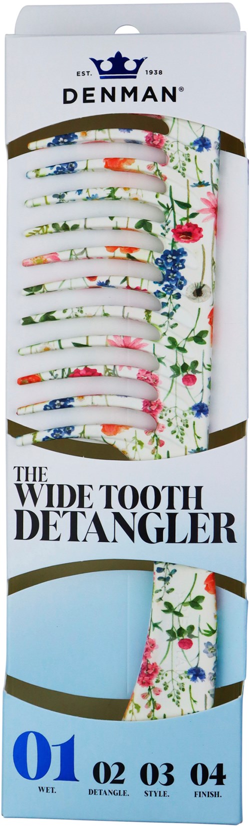 Erilaisia värikkäitä leveälitteisiä hiusharja-kampoja laatikossa, kukkakuviolla.