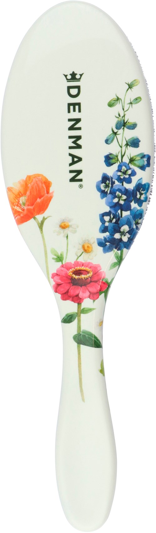 A white hairbrush with colorful flowers and a crown, and the brand name 'DENMAN' on it.