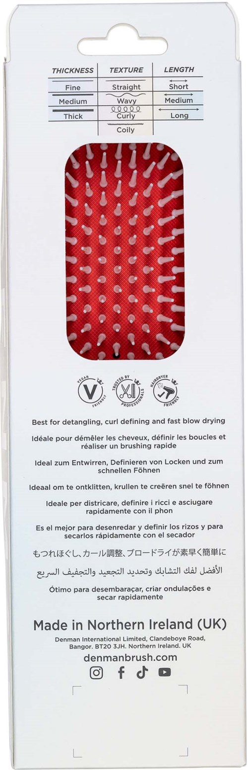 Rode haarborstel met witte haren in verpakking met tekst en iconen.
