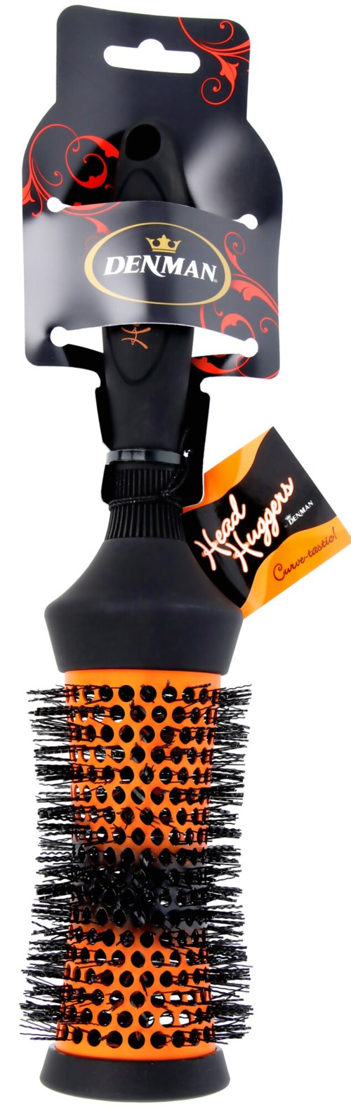 En svart och orange hårborste med borst, handtag och förpackning som säger 'Denman' och 'Hedgehog Comfort'.