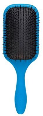 Bürste in Blau mit schwarzen Borsten und Griff. Ovalförmig, zum Frisieren der Haare.