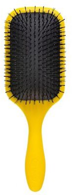 Eine gelbe Haarbürste mit schwarzen Borsten und Griff, zum Glätten der Haare.