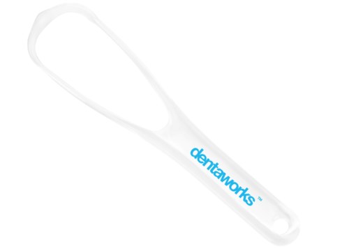 Ett vitt plastverktyg för tänder med märket 'dentaworks' i blått. Det har ett handtag med ögla och spetsig ände.