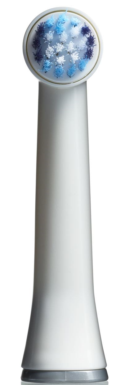 En vit enhet med en cirkulär topp som visar blå och vita snöflinge-mönster, troligtvis en luftfuktare eller diffuser.