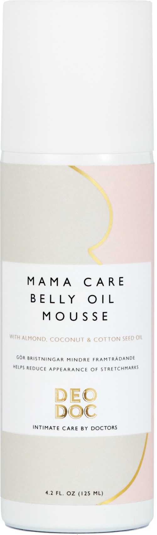 En cylindrisk flaske mærket 'Mama Care Belly Oil Mousse' med hvid og lyserød design. Det er et hudplejeprodukt.