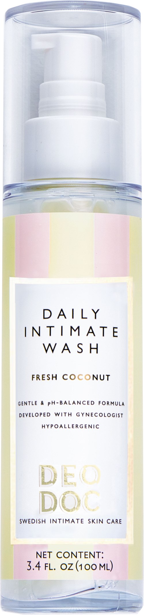 En tydlig pumpflaska med vit etikett som innehåller Daily Intimate Wash med fräscht kokosdoft.