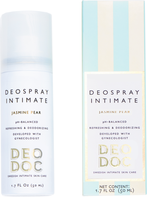 En sprayflaske merket Deospray Intimate Jasmine Pear med pH-balans, deodoriserende og utviklet med gynekolog.