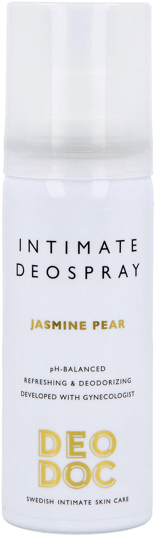 En hvit sprayflaske merket 'Jasmine Pear' med svart og gull tekst, ment for intim hudpleie.
