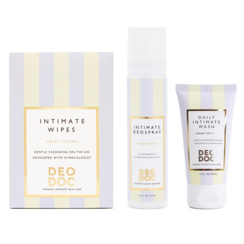 Tre produkter: intimservetter, en spray och en tvätt, alla i vit och ljuslila förpackning med gulddetaljer.