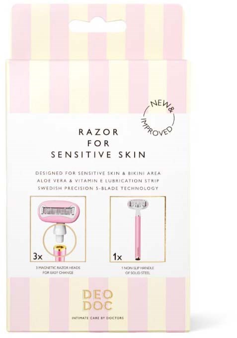 Pakke med rosa og hvite striper som inneholder en barberhøvel for sensitiv hud og et håndtak for utbyttbare blader.