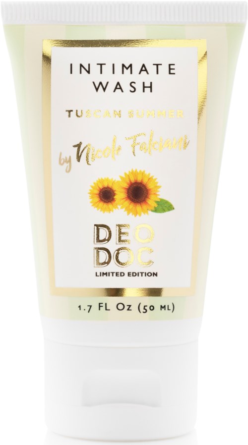 En vit tub med etiketten 'Intimate Wash' med solrosor och gulddetaljer, 50 ml storlek, av Nicole Falkman.