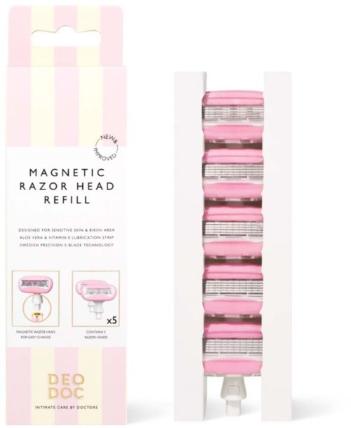 Pakning for magnetisk barberhodepåfylling med fem rosa blader og et hvitt håndtak, laget for sensitiv hud.