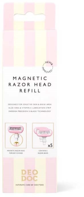 Pakke for magnetisk barberhodefyller med rosa og hvite striper, viser produkt og inneholder fem refill.