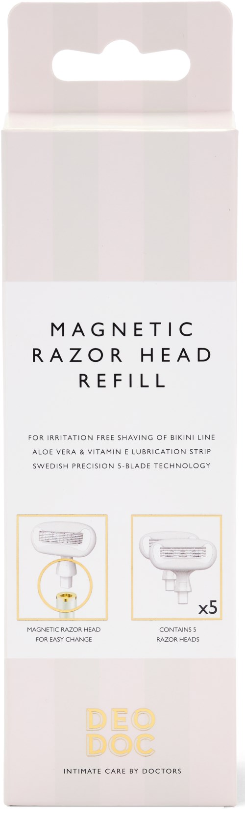 En förpackning för påfyllning av en magnetisk rakhyvel med fem extra huvuden, utformad för att lindra hudirritation.