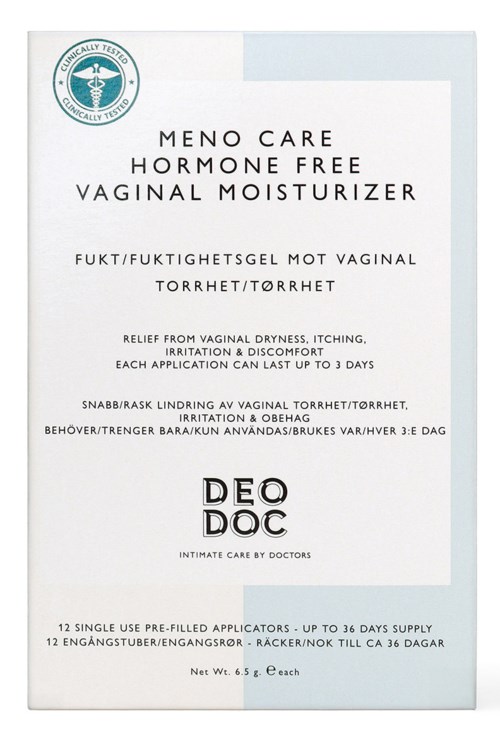 A box of vaginal moisturizer, labeled as hormone-free, helps with dryness and irritation, last up to three days.